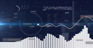 Koyu arkaplanda dijital dalga animasyonu olan çubuk grafikler ve veri grafikleri. Analizler, veri görselleştirme, teknoloji, finans, mavi, fütüristik