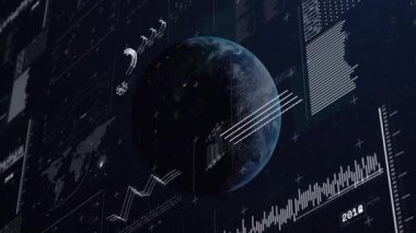 Uzayda çevresini çevreleyen dijital grafiklerle dolu bir dünya. Teknoloji, veri, analitik, gelecek, ağ, bağlantı
