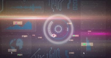 Animasyon arayüzünde sosyal medya metrikleri ile dijital veri analizleri gösteriliyor. gösterge paneli, teknoloji, etkileşim, yenilik