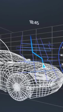 Araç arayüzündeki hız göstergesinin, GPS 'in ve durum verilerinin animasyonu, 3D' den fazla araba modeli. Ulaşım ve teknoloji, mühendislik tasarımı ve dijital arayüz konsepti dijital olarak oluşturulmuş video.