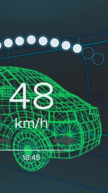 Siyah zemin üzerinde hareket eden 3D minibüs modelinin hız göstergesi ve güç göstergesi animasyonu. Ulaşım ve yakıt teknolojisi, mühendislik tasarımı ve dijital arayüz konsepti dijital olarak oluşturulmuş video.