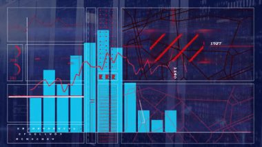 Mavi ve kırmızı finansal grafikler veri noktaları ve çizgi animasyonlarıyla analiz ediliyor. Maliye, analitik, yatırım, istatistik, ekonomi, rapor