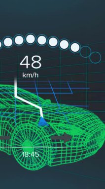 Araç arayüzündeki hız göstergesinin, GPS 'in ve durum verilerinin animasyonu, 3D' den fazla araba modeli. Ulaşım ve teknoloji, mühendislik tasarımı ve dijital arayüz konsepti dijital olarak oluşturulmuş video.