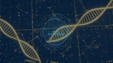 Projenin arka planında dijital arayüz simgelerine sahip DNA iplikçiklerinin animasyonu. Biyoteknoloji, genetik, moleküler, fütüristik, yenilik, bilim