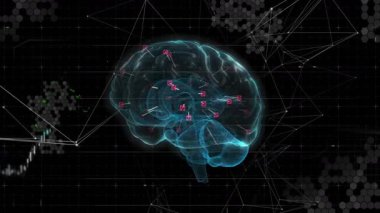 Arkaplanda veri grafikleri ve ağ bağlantıları olan dijital beynin animasyonu. Yapay zeka, yenilik, büyük veri, sinirsel ağ, geleceksel, teknoloji
