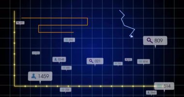 Izgara arka planında çubuk ve çizgi grafiklerinin animasyonu, sosyal medya metrikleri gösteriliyor. Analizler, veri görselleştirme, istatistik, performans, gösterge paneli, eğilimler