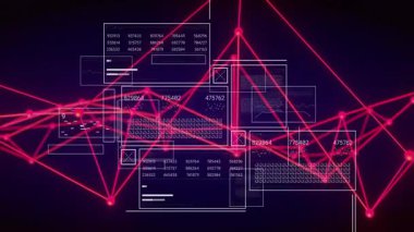 Bilgi panellerini birbirine bağlayan kırmızı çizgilerle dijital veri ağının animasyonu. Teknoloji, bağlantı, fütüristik, soyut, iletişim, görselleştirme