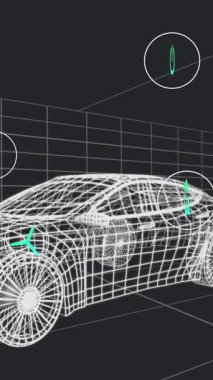 Siyah zemin üzerinde hareket eden 3D araç modeli üzerinde simge işleme verilerinin canlandırılması. Ulaşım ve yakıt teknolojisi, mühendislik tasarımı ve dijital arayüz konsepti dijital olarak oluşturulmuş video.