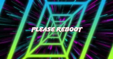 Lütfen renkli geometrik tünel animasyonu üzerinden neon ışıklarla metni yeniden başlatın. fütüristik, parlak, enerjik, soyut