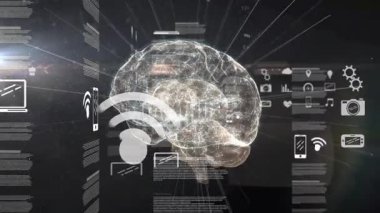 Teknolojiyi temsil eden veri simgelerinin ve grafiklerin animasyonuyla dijital beyin. Yapay zeka, fütüristik, yenilik, sanal, büyük veri, analitik