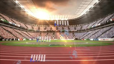 Hipodrom ve sahası olan stadyum, alkışlayan kalabalığın üzerinde veri işleme animasyonu. Spor, atletizm, teknoloji, seyirci, etkinlik