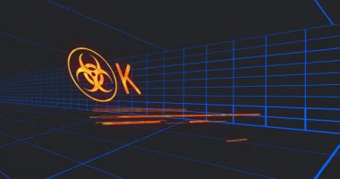 Biyolojik tehlike sembolü, acil durum uyarı animasyonunda acil eylem gerektiren metin içeriyor. uyarı, güvenlik, dikkat, tehlike, bildirim, risk