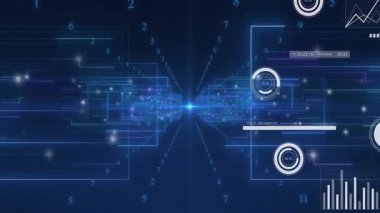 Mavi arkaplanda grafik ve grafiklerle dijital veri canlandırması. Analizler, bilgi grafikleri, teknoloji, istatistik, soyut, finans