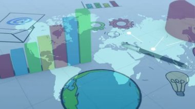 İş simgeleri ve veri işleme animasyonlarıyla dolu bir dünya haritası. Küresel, dijital, fütüristik, finans, analitik, ağ