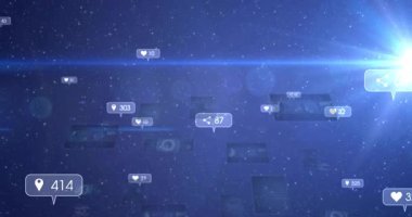 Dijital ağ arkaplanı üzerinde sosyal medya etkileşim simgelerinin yüzen animasyonu. ağ, iletişim, teknoloji, bağlantı, çevrimiçi, İnternet