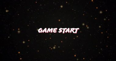 Game Start metninin animasyonu yıldızlı gece arkaplanı üzerinde. Video oyunu, yıldızlar, ekran, dijital, tasarım
