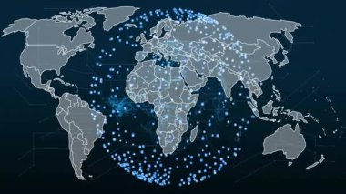 Küresel bağlantıları gösteren parlak mavi noktalar ve çizgiler olan dünya haritasının animasyonu. ağ, teknoloji, dijital, iletişim, uluslararası, geleceksel