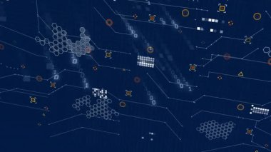 İkili kodlu dijital ağın animasyonu ve mavi arkaplanda geometrik şekiller. Teknoloji, veri, bağlantı, geleceksel, siber uzay, kodlama