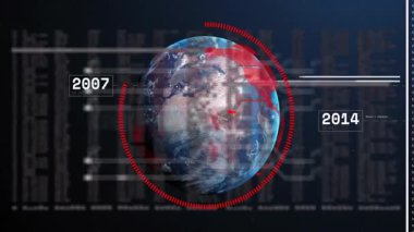 Okuldaki küresel değişimleri gösteren verilerle dijital dünyanın animasyonu. Teknoloji, yenilik, eğitim, küreselleşme, gelecek, analitik