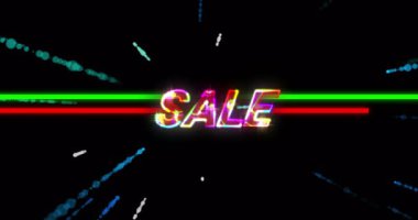 Siyah zemin üzerinde dinamik ışık çizgileri olan renkli Satış metninin animasyonu. İndirim, promosyon, gösterişli, canlı, perakende, pazarlama