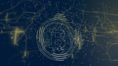 Dijital ağ bağlantıları ve veri işleme animasyonu olan bitcoin sembolü. Kripto para birimi, engelleme zinciri, finans, teknoloji, ademi merkeziyet, yatırım