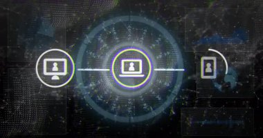 Dünya haritası üzerinde kullanıcı simgeleriyle dijital ağ bağlantısı animasyonu. Küreselleşme, ağ, iletişim, teknoloji, bağlantı, veri