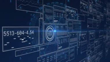 Grafikler ve numaralar gösteriliyor, gelecekteki mavi animasyonlarda dijital veri panelleri. Teknoloji, analitik, yenilik, görselleştirme, arayüz