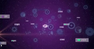 Dijital veri göstergelerinin animasyonu mor yıldızlı arka plan üzerinden küresel olarak bağlanıyor. ağ, teknoloji, bağlantı, iletişim, gelecek, siber