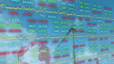 Arkaplanda küresel harita olan dalgalı grafikler, borsa animasyonunu gösteriyor. Maliye, ekonomi, ticaret, hisse senedi, veri, analitik