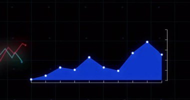 Koyu şebeke arka planında, yukarı doğru eğilimi gösteren mavi çizgi grafik animasyonu. Analizler, finans, büyüme, veri, ilerleme, iş
