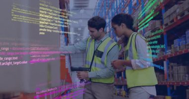 Planlar gözden geçiriliyor, animasyon kodlu inşaat işçileri. mühendislik, proje, teknoloji, yenilik, dijital, kodlama