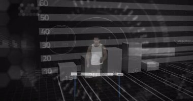 Sporcu, yukarı doğru kırmızı ok animasyonuyla çubuk üzerinde performans sergiliyor. Başarı, büyüme, ilerleme, başarı, iş, rekabet