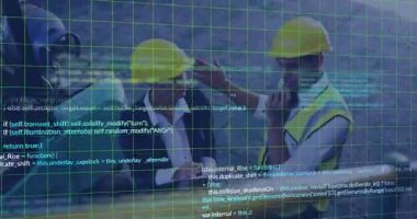 Planlar gözden geçiriliyor, inşaat işçilerinin dijital animasyonları var. takım çalışması, teknoloji, işbirliği, mimari, mühendislik, yenilik