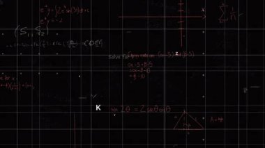 Matematiksel denklemlerin ve grafiklerin animasyonu ve karanlık arka planda notlar. Matematik, hesaplamalar, eğitim, teknoloji, analiz, görselleştirme