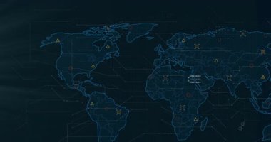 Dijital veri noktaları ve ağ bağlantıları olan dünya haritası animasyonu. Global, teknoloji, siber uzay, bağlantı, internet, fütüristik