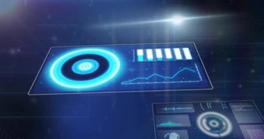 Veri grafikleri ve ses dalgaları analiz ediliyor, mavi arkaplandaki dijital arayüz. Teknoloji, yenilik, analitik, fütüristik, analiz, sinyal