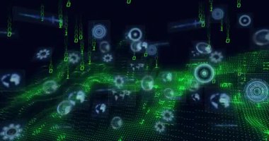 Dijital veriler ve soyut yeşil manzara animasyonu üzerinden akan ikili kod. Teknoloji, gelecekçi, sanal