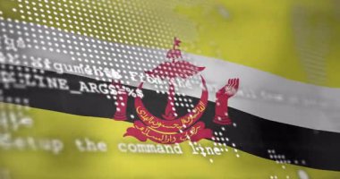 Arka plan animasyonunda Brunei bayrağı dijital veri ve haritayla örtüşüyor. teknoloji, ağ oluşturma
