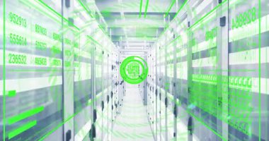 Fütürist sunucu odasında, dijital verileri yeşil holografik elementlerle işliyor. Teknoloji, yenilik, siber, hologram, ağ