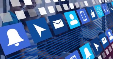 Ofiste, çeşitli grupları kapsayan animasyon simgeleri proje üzerinde işbirliği yapıyor. İşbirliği, takım çalışması, çeşitlilik, teknoloji, yenilik, beyin fırtınası