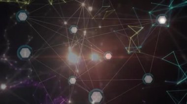 Karanlık soyut arkaplan üzerinde bağlantılar ve veri işleme animasyonu ağı. Teknoloji, bağlantı, dijital, gelecek, siber, bilgisayar