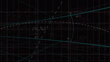 Okulun arka planında matematiksel denklemlerin ve geometrik şekillerin animasyonu. Matematik, geometri, eğitim, formüller, öğrenme, cebir