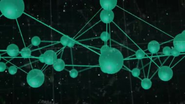 Soyut arkaplanda birbirine bağlı küreler olan yeşil moleküler yapının animasyonu. Biyoteknoloji, kimya, araştırma, bilim, nanoteknoloji, yenilik