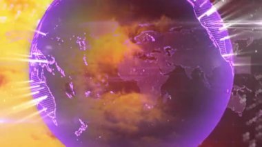 Turuncu zemin üzerinde mor kıtalar bulunan parıldayan dijital kürenin animasyonu. Teknoloji, fütüristik, yenilik, soyut, bağlantı, sanal