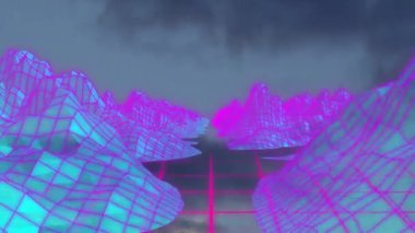 Bulutlu gökyüzünün altında neon pembe ve mavi şebeke dağlarıyla retrodijital animasyon. fütüristik, sentetik, buhar dalgası, estetik, manzara