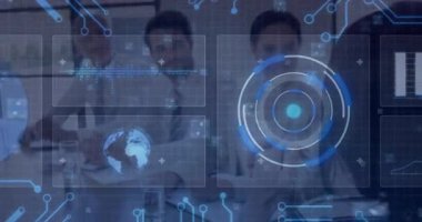 Ofiste işbirliği, iş ekibi dijital verileri animasyon örtüsüyle analiz ediyor. Takım çalışması, işbirliği, veri analizi, teknoloji, yenilik, şirket