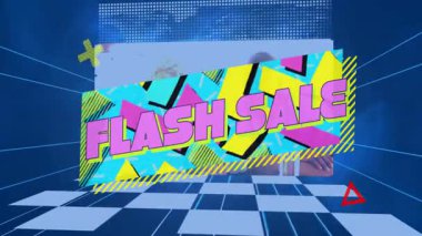 Dijital şebeke üzerinde renkli geometrik şablonlar ve Flash Sale metni. Pazarlama, promosyon, indirim, satış, canlı, soyut