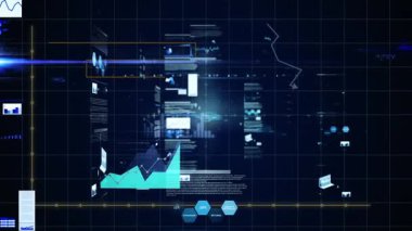 Karanlık şebeke arka planındaki grafik ve grafiklerin dijital animasyonu. Analizler, veri görselleştirme, finans, teknoloji, istatistik, fütüristik