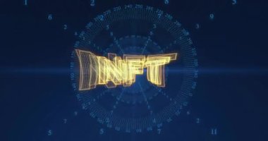 Arka planda fütürist NFT metni olan mavi animasyondaki dijital sayılar. Teknoloji, engelleme zinciri, kripto para birimi, finans, yenilik, siber uzay