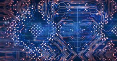 Mavi arka planda çizgiler ve düğümlerle parlayan devre kartı deseni animasyonu. Teknoloji, dijital, elektronik, fütüristik, ağ, siber